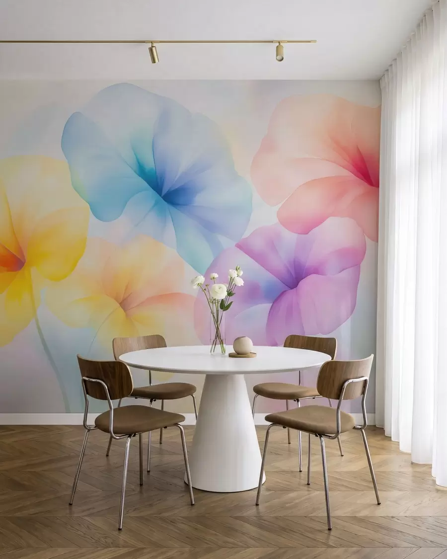 fototapeter Fargerike, gjennomskinnelige blomster i myke pastellfarger med en drømmende akvarelleffekt w05607