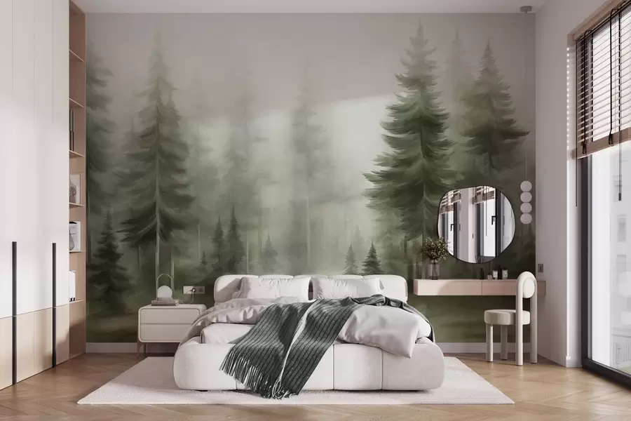 fototapeter En tett skog med høye furutrær i lett tåke, et landskap med rik tekstur w09830v1