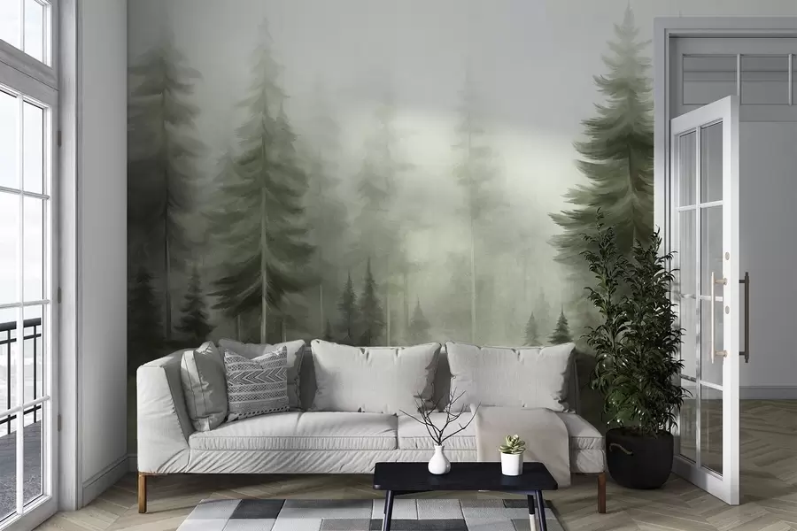 fototapeter En tett skog med høye furutrær i lett tåke, et landskap med rik tekstur w09830v1