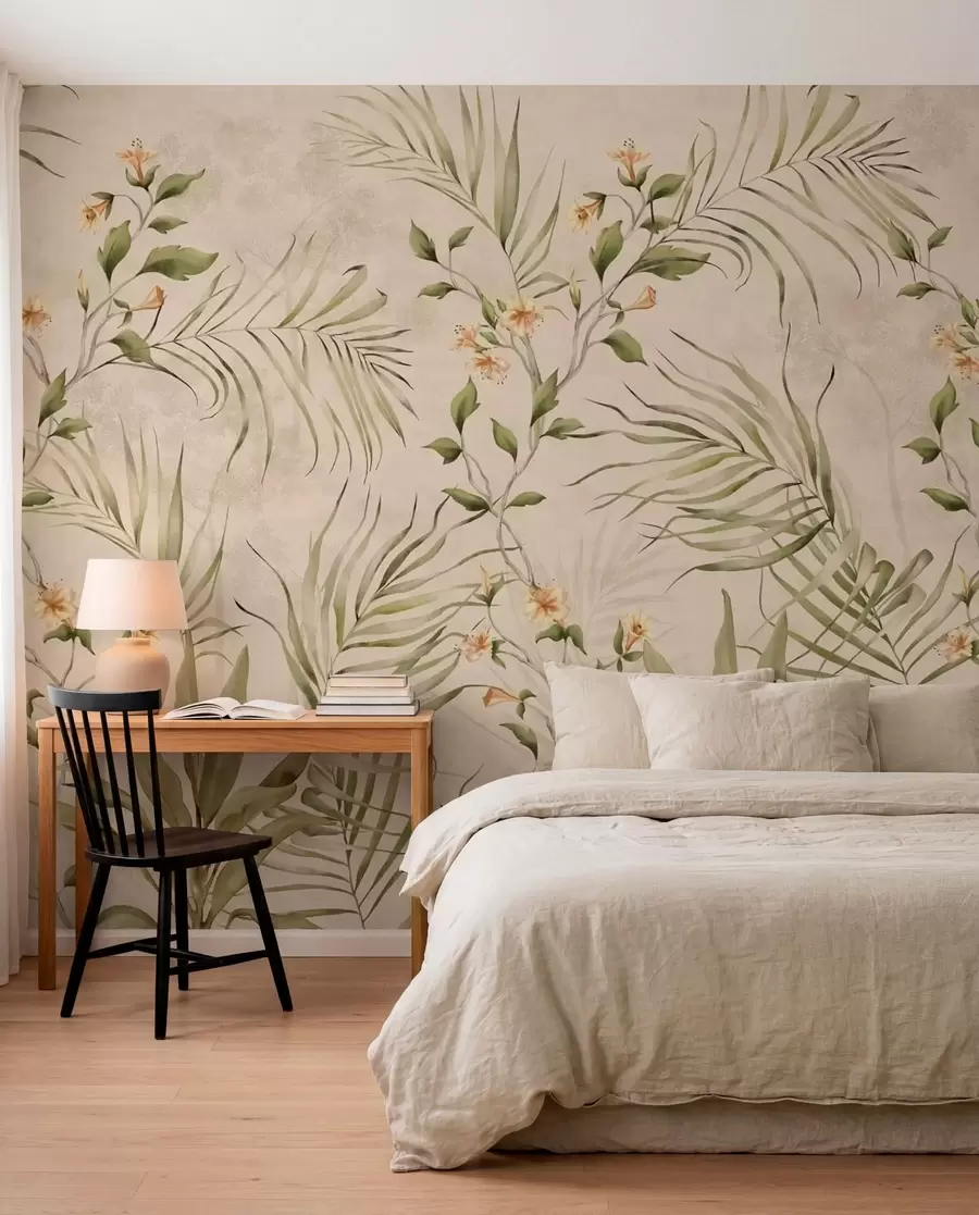 fototapeter Tropiske blader og delikate blomster på beige bakgrunn w05625