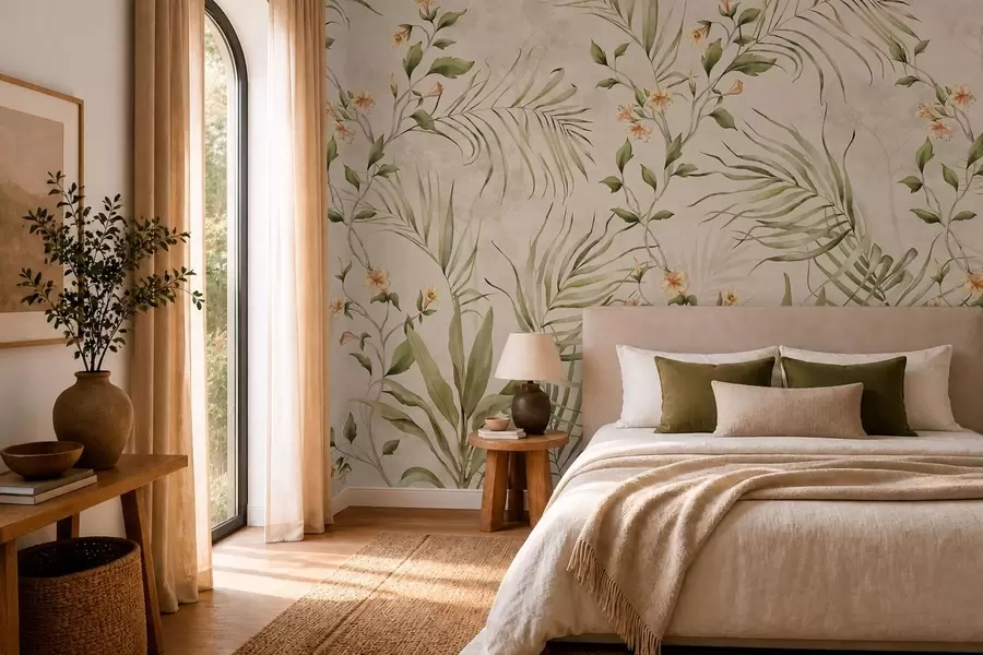 fototapeter Tropiske blader og delikate blomster på beige bakgrunn w05625