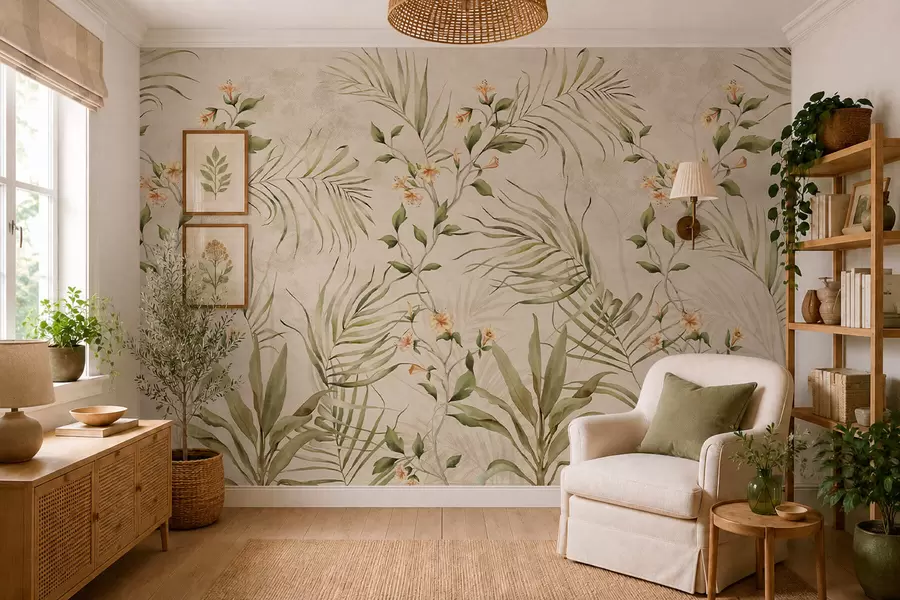 fototapeter Tropiske blader og delikate blomster på beige bakgrunn w05625