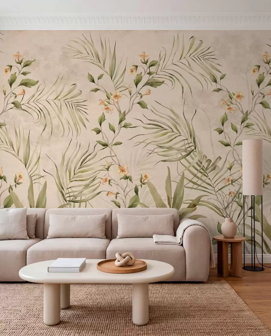fototapeter Tropiske blader og delikate blomster på beige bakgrunn w05625