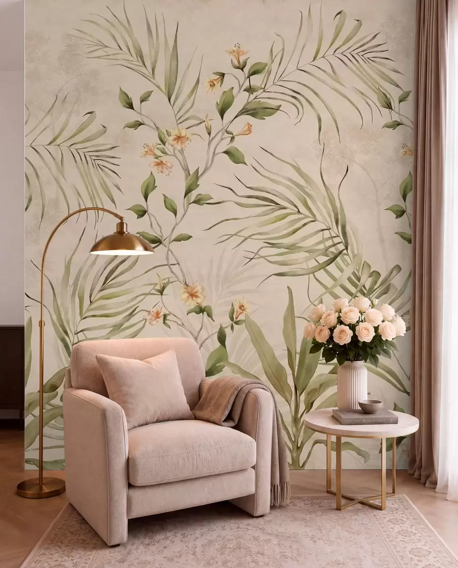 fototapeter Tropiske blader og delikate blomster på beige bakgrunn w05625