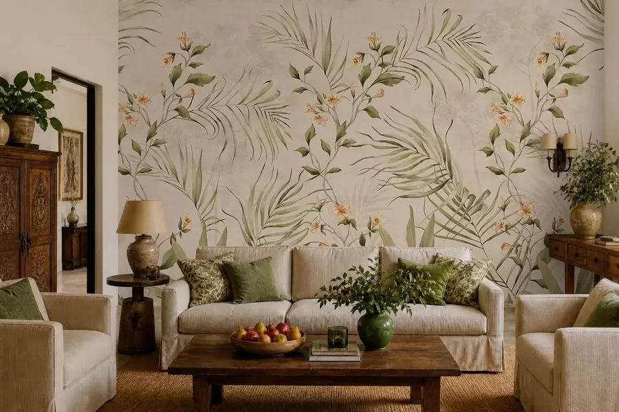 fototapeter Tropiske blader og delikate blomster på beige bakgrunn w05625