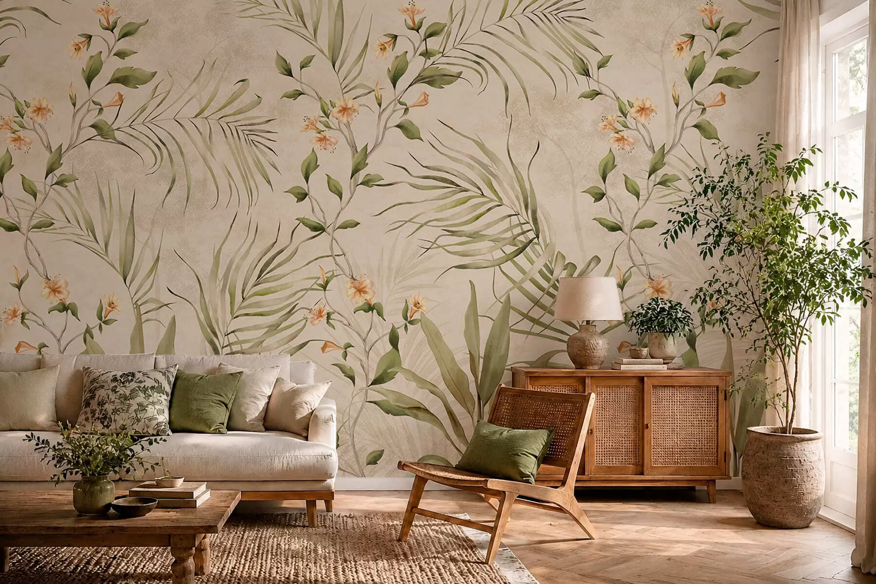 fototapeter Tropiske blader og delikate blomster på beige bakgrunn w05625