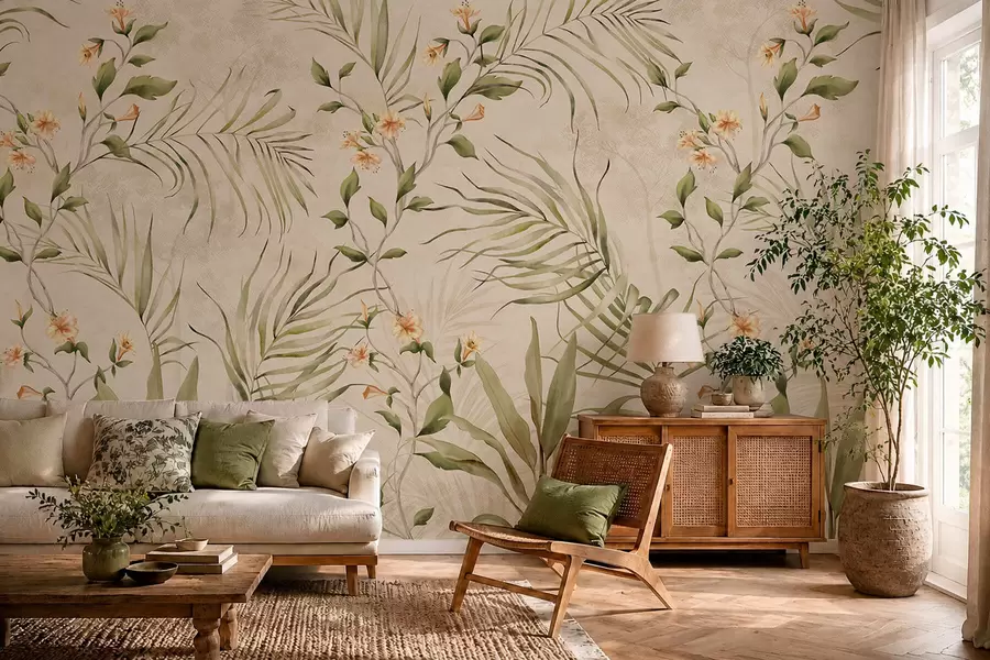 fototapeter Tropiske blader og delikate blomster på beige bakgrunn w05625