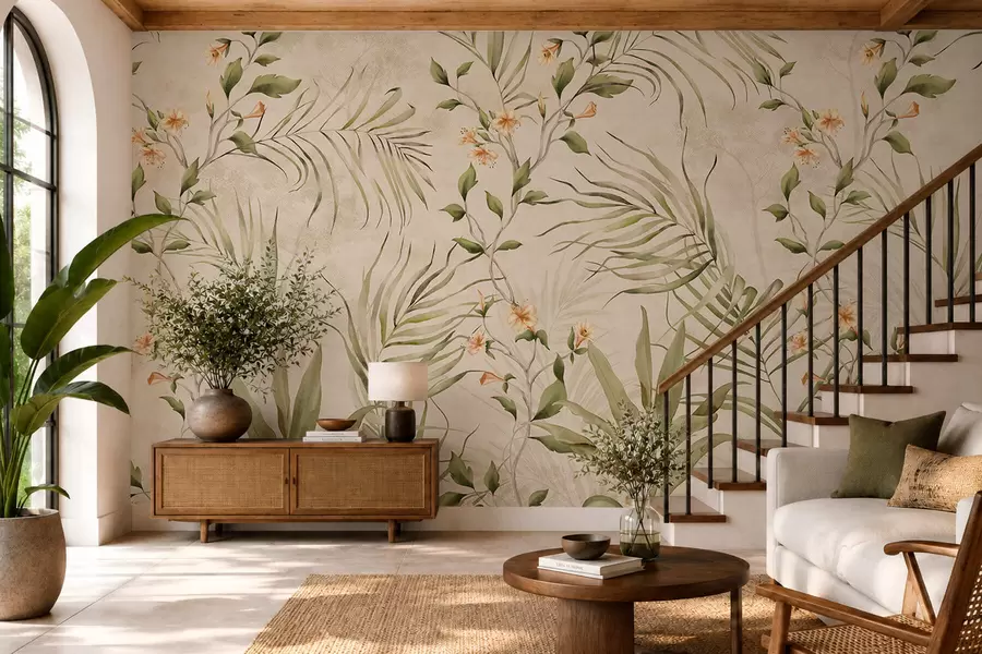 fototapeter Tropiske blader og delikate blomster på beige bakgrunn w05625