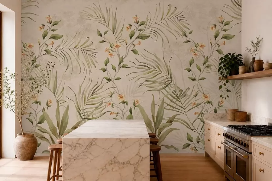 fototapeter Tropiske blader og delikate blomster på beige bakgrunn w05625