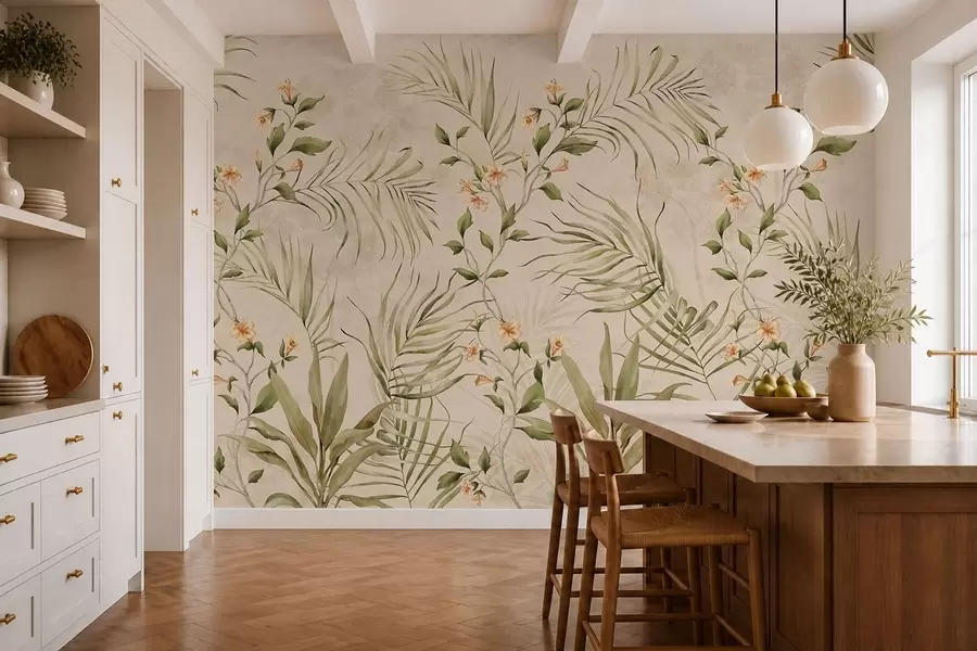 fototapeter Tropiske blader og delikate blomster på beige bakgrunn w05625