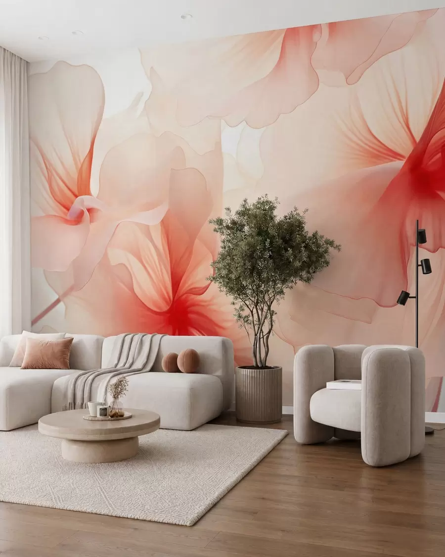 fototapeter Blomster i lyse, pastellfarger med luftige, gjennomskinnelige kronblader i akvarellstil, en elegant blomsterkomposisjon w05360