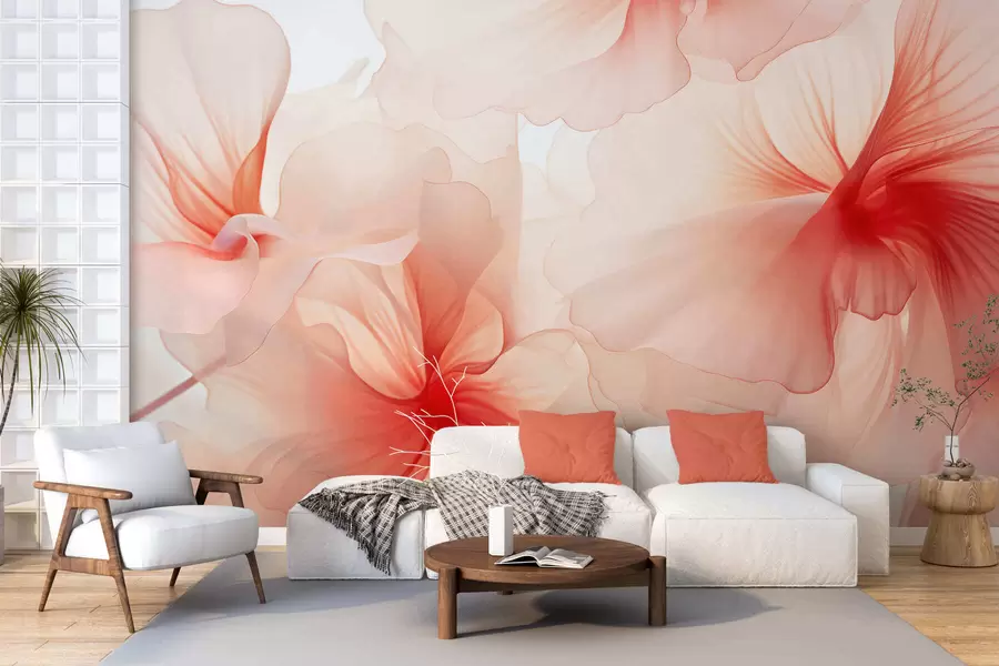 fototapeter Blomster i lyse, pastellfarger med luftige, gjennomskinnelige kronblader i akvarellstil, en elegant blomsterkomposisjon w05360