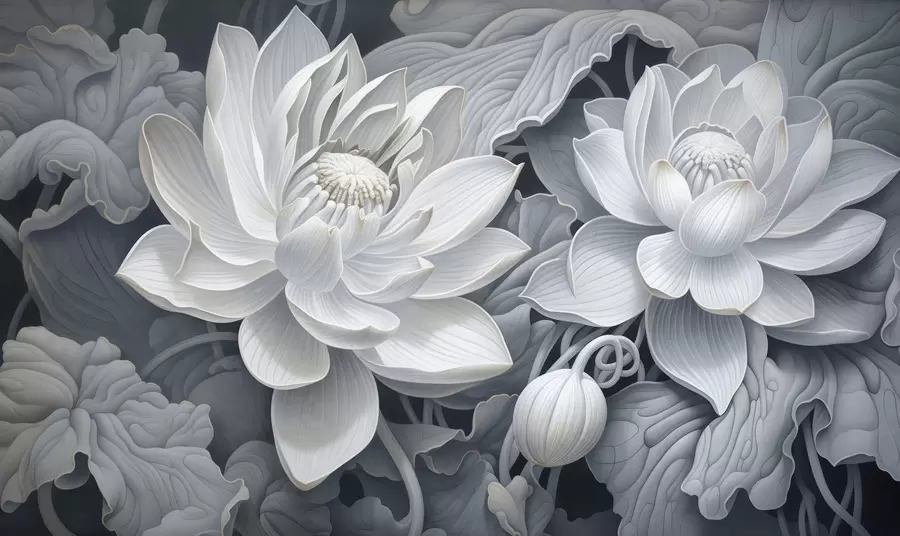 fototapeter Vintage lotusblomster i myke sepiafarger med detaljerte kronblader, kunstnerisk botanisk illustrasjon w05494