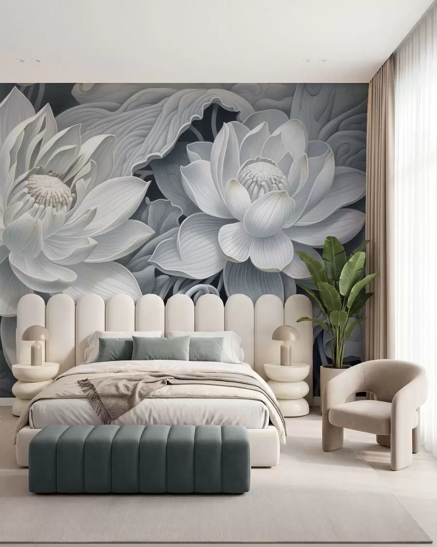 fototapeter Vintage lotusblomster i myke sepiafarger med detaljerte kronblader, kunstnerisk botanisk illustrasjon w05494