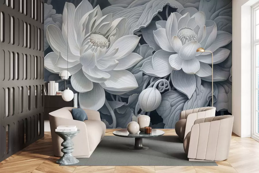 fototapeter Vintage lotusblomster i myke sepiafarger med detaljerte kronblader, kunstnerisk botanisk illustrasjon w05494