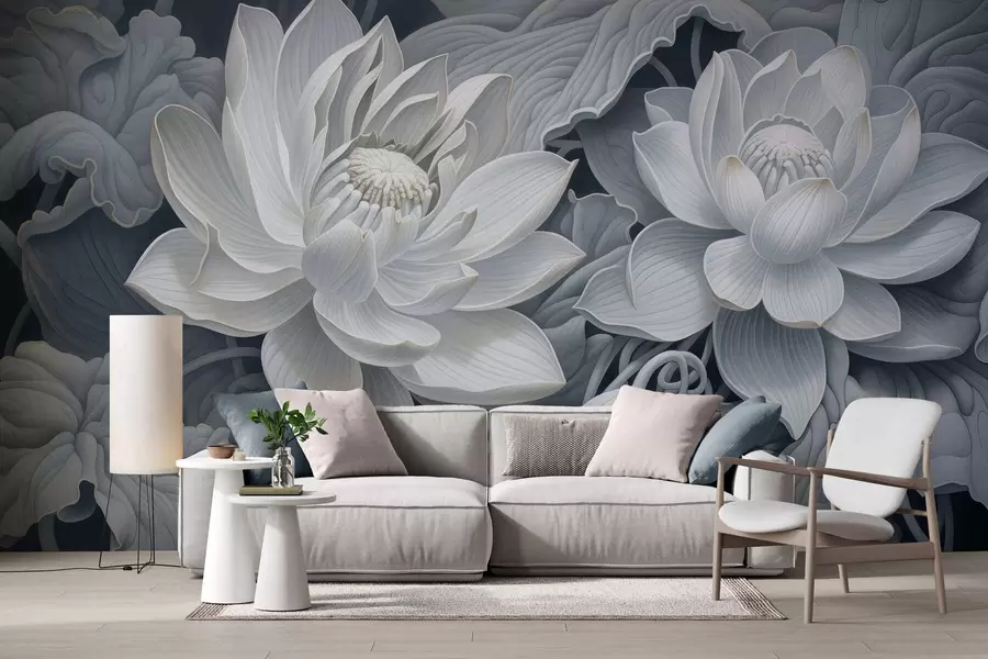 fototapeter Vintage lotusblomster i myke sepiafarger med detaljerte kronblader, kunstnerisk botanisk illustrasjon w05494