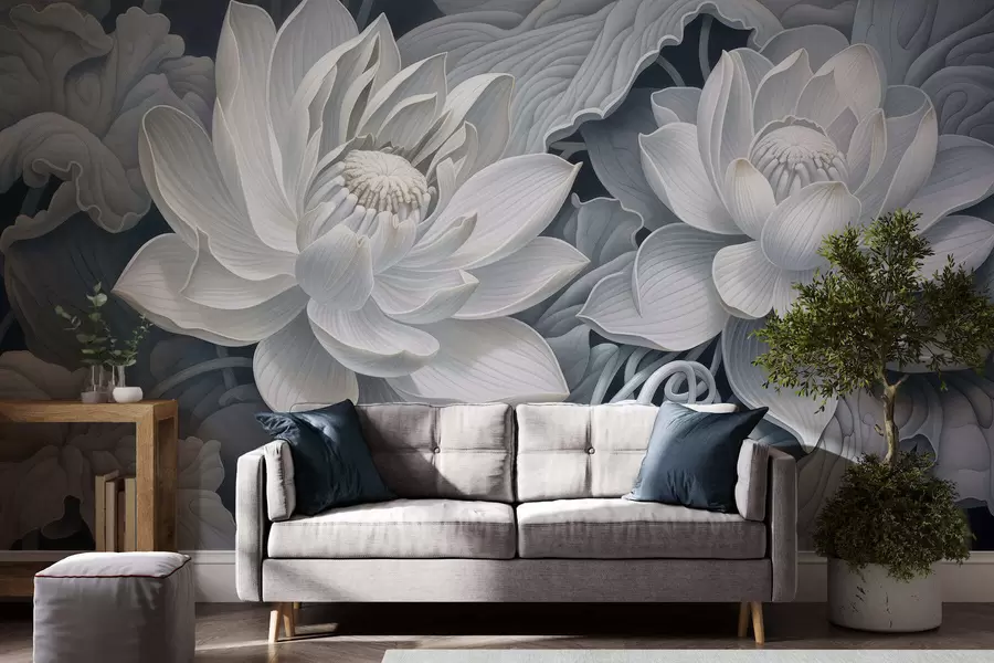 fototapeter Vintage lotusblomster i myke sepiafarger med detaljerte kronblader, kunstnerisk botanisk illustrasjon w05494