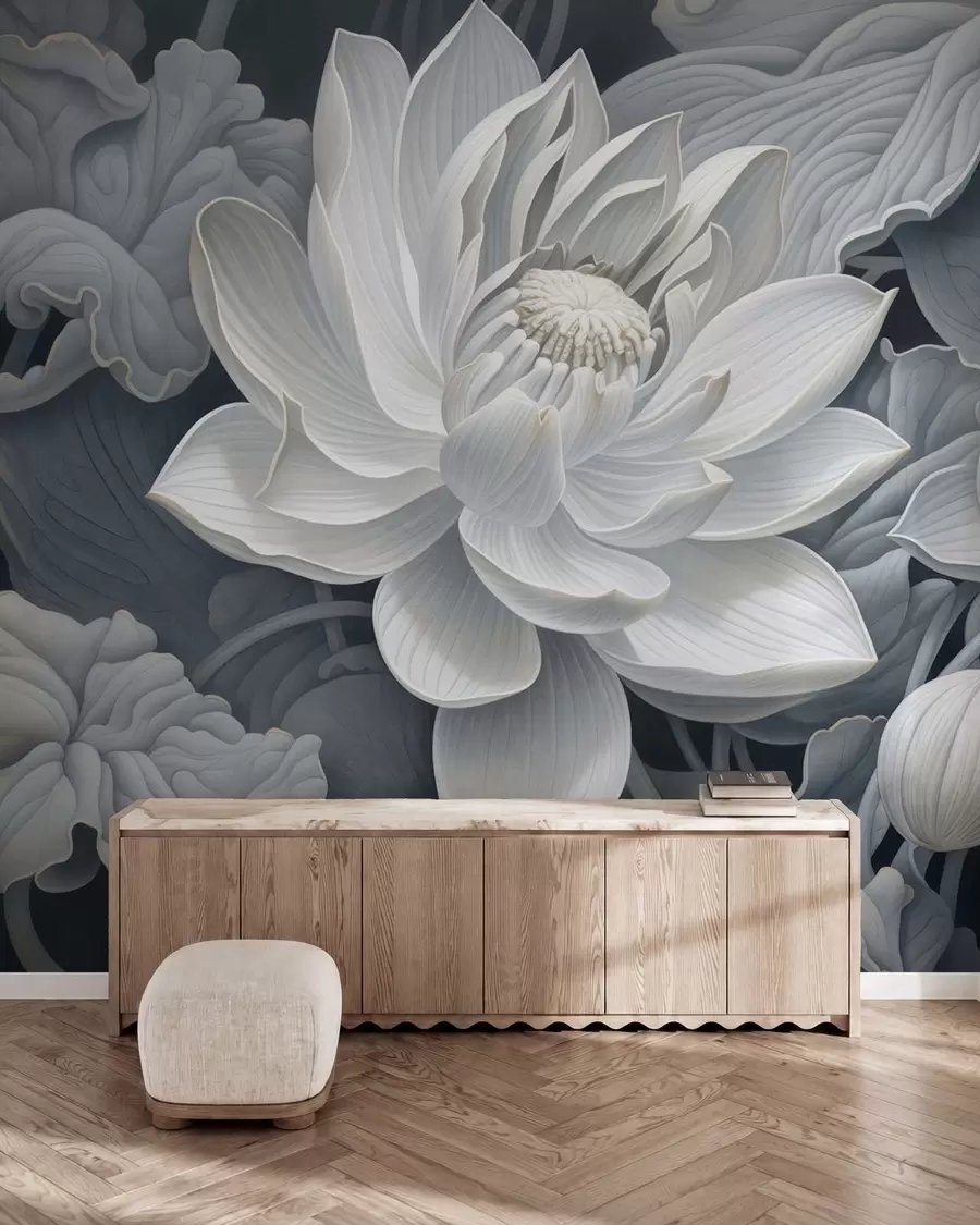 fototapeter Vintage lotusblomster i myke sepiafarger med detaljerte kronblader, kunstnerisk botanisk illustrasjon w05494