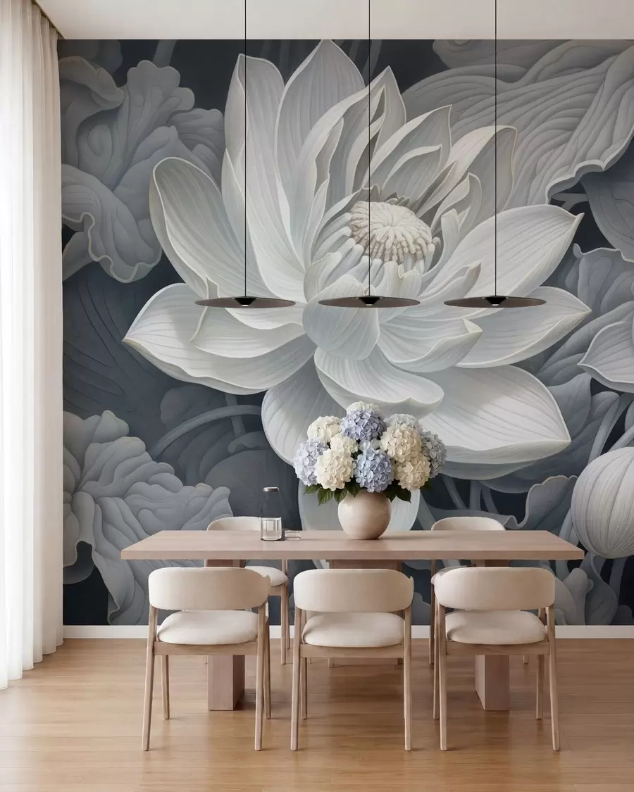 fototapeter Vintage lotusblomster i myke sepiafarger med detaljerte kronblader, kunstnerisk botanisk illustrasjon w05494