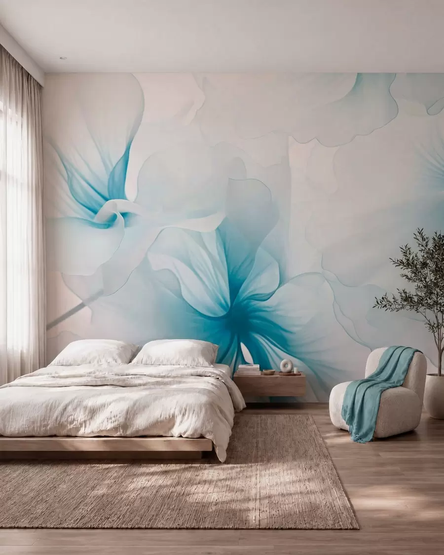 fototapeter Blomster i lyse, pastellfarger med luftige, gjennomsiktige kronblader i akvarellstil, en elegant blomsterkomposisjon w05360v2