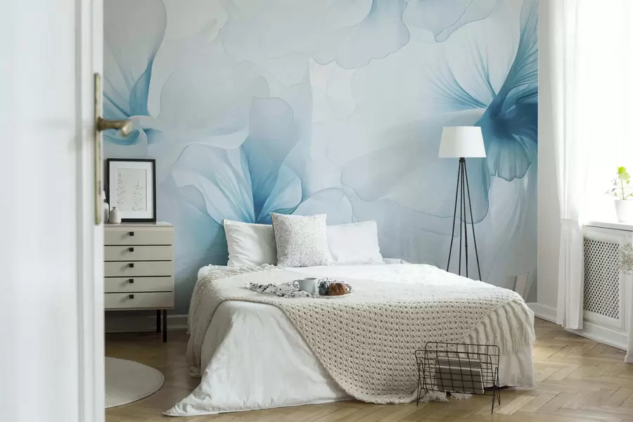 fototapeter Blomster i lyse, pastellfarger med luftige, gjennomsiktige kronblader i akvarellstil, en elegant blomsterkomposisjon w05360v2
