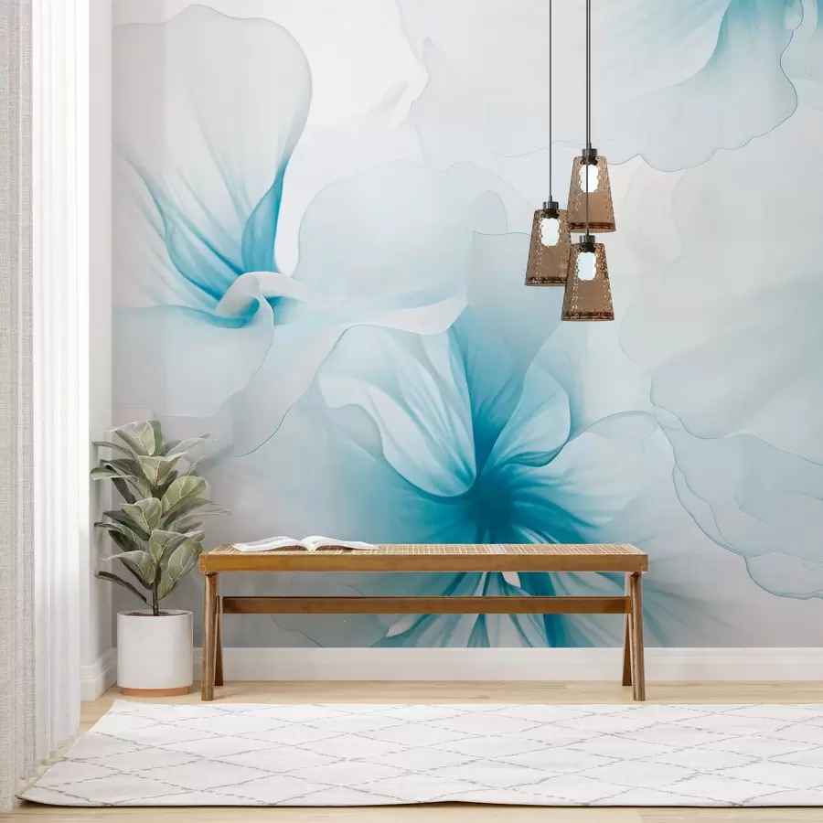 fototapeter Blomster i lyse, pastellfarger med luftige, gjennomsiktige kronblader i akvarellstil, en elegant blomsterkomposisjon w05360v2