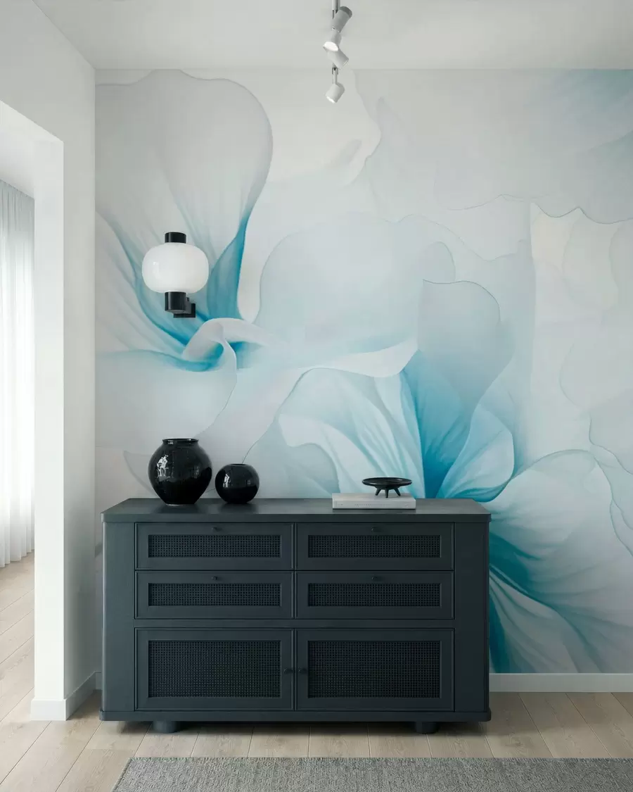 fototapeter Blomster i lyse, pastellfarger med luftige, gjennomsiktige kronblader i akvarellstil, en elegant blomsterkomposisjon w05360v2