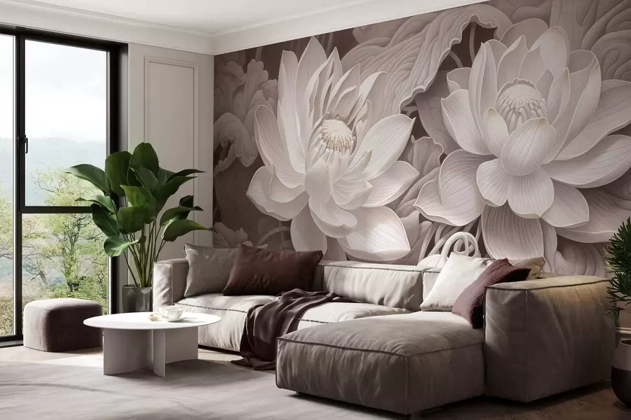 fototapeter Vintage lotusblomster i myke sepiafarger med detaljerte kronblader, kunstnerisk botanisk illustrasjon w05494v1