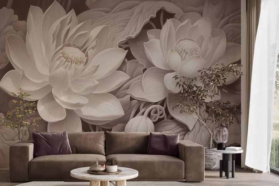 fototapeter Vintage lotusblomster i myke sepiafarger med detaljerte kronblader, kunstnerisk botanisk illustrasjon w05494v1