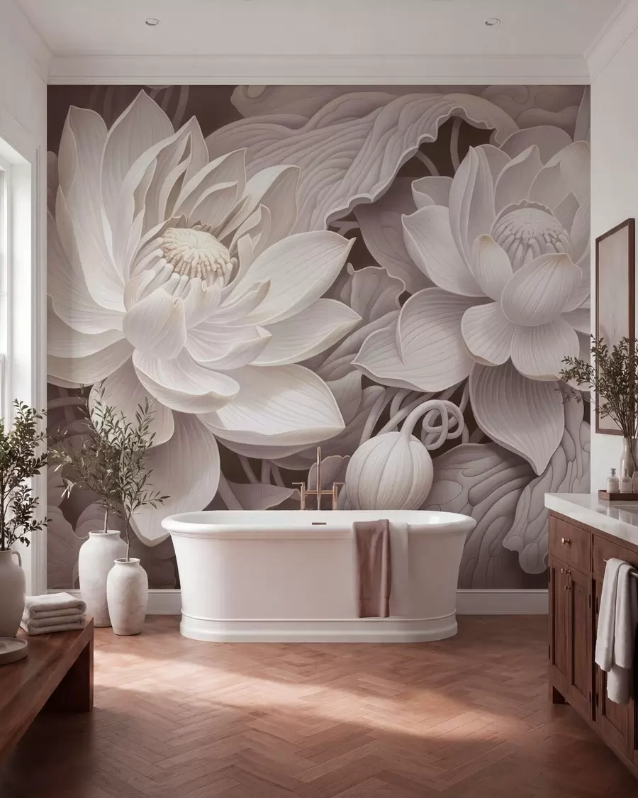 fototapeter Vintage lotusblomster i myke sepiafarger med detaljerte kronblader, kunstnerisk botanisk illustrasjon w05494v1