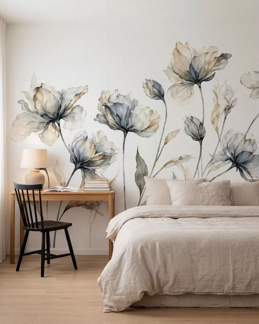 fototapeter Elegante, luftige blomster med gjennomsiktige, lagdelte kronblader på lange, spinkle stilker w05579