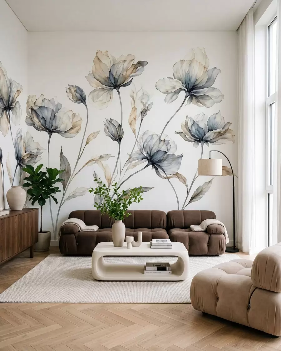 fototapeter Elegante, luftige blomster med gjennomsiktige, lagdelte kronblader på lange, spinkle stilker w05579