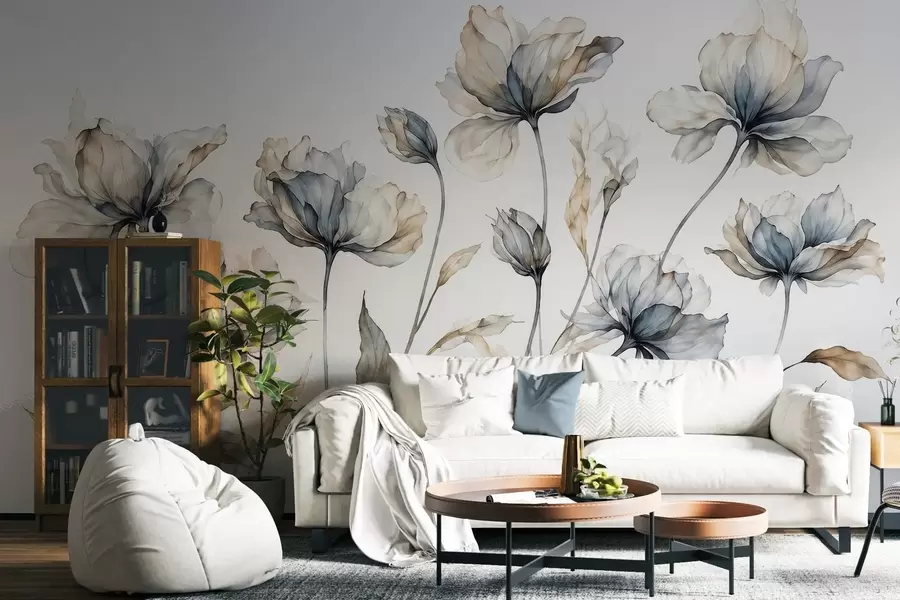 fototapeter Elegante, luftige blomster med gjennomsiktige, lagdelte kronblader på lange, spinkle stilker w05579