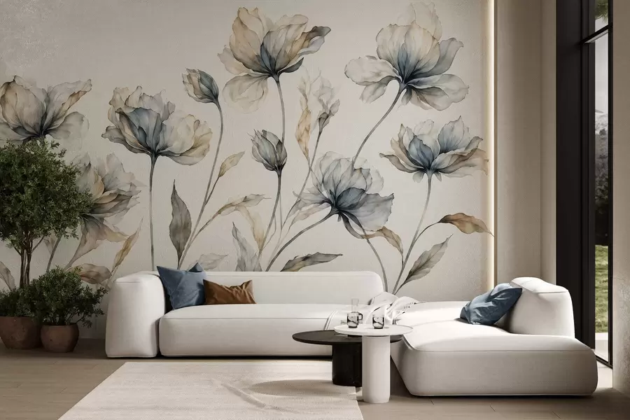 fototapeter Elegante, luftige blomster med gjennomsiktige, lagdelte kronblader på lange, spinkle stilker w05579