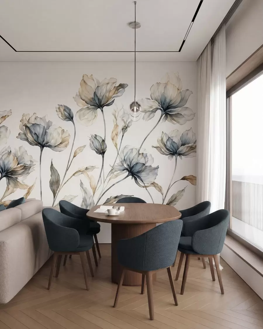 fototapeter Elegante, luftige blomster med gjennomsiktige, lagdelte kronblader på lange, spinkle stilker w05579