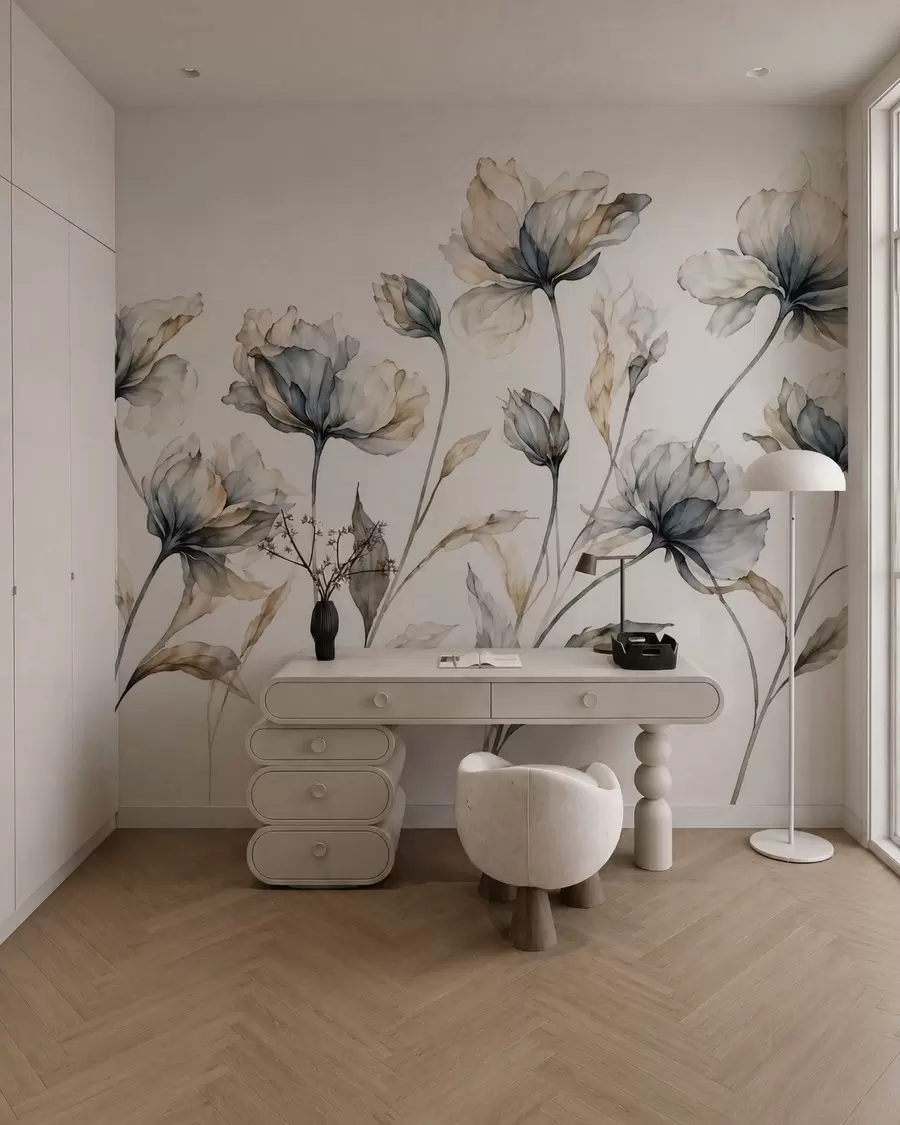fototapeter Elegante, luftige blomster med gjennomsiktige, lagdelte kronblader på lange, spinkle stilker w05579