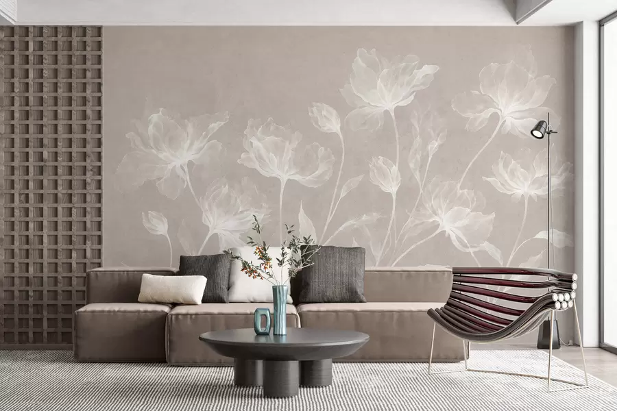 fototapeter Elegante, luftige blomster med gjennomsiktige, lagdelte kronblader på lange, delikate stilker w05579v1