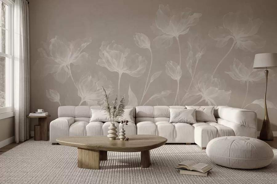 fototapeter Elegante, luftige blomster med gjennomsiktige, lagdelte kronblader på lange, delikate stilker w05579v1