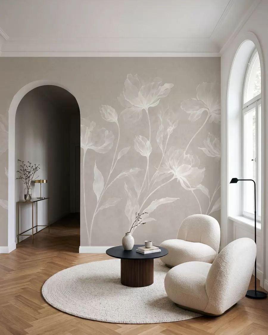 fototapeter Elegante, luftige blomster med gjennomsiktige, lagdelte kronblader på lange, delikate stilker w05579v1