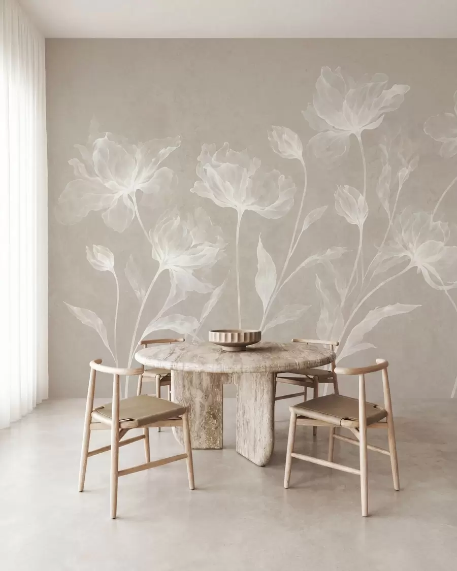 fototapeter Elegante, luftige blomster med gjennomsiktige, lagdelte kronblader på lange, delikate stilker w05579v1