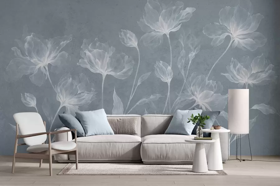 fototapeter Elegante, luftige blomster med gjennomsiktige, lagdelte kronblader på lange, delikate stilker w05579v2