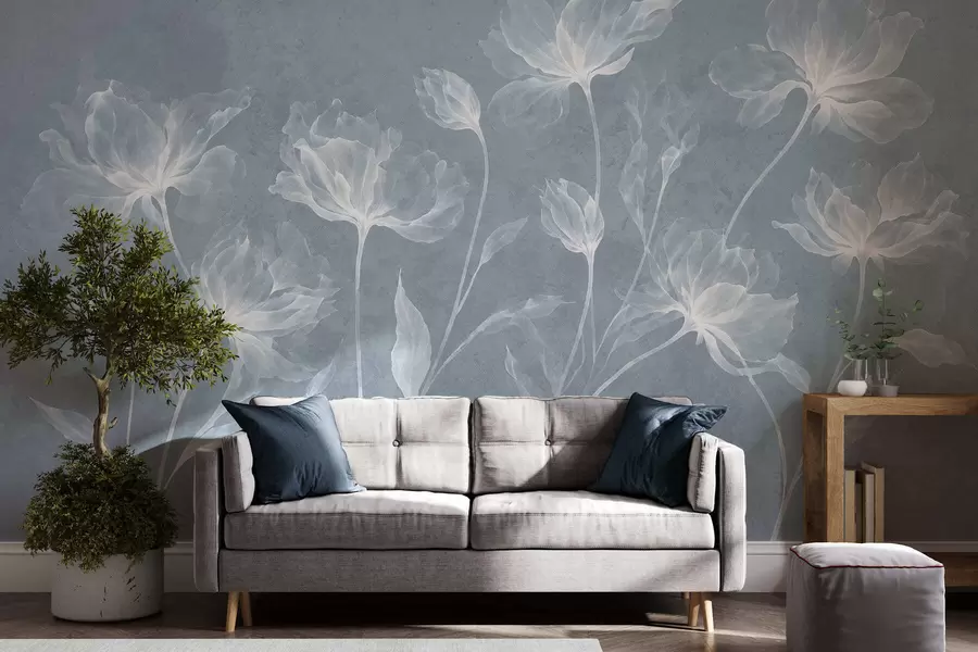 fototapeter Elegante, luftige blomster med gjennomsiktige, lagdelte kronblader på lange, delikate stilker w05579v2