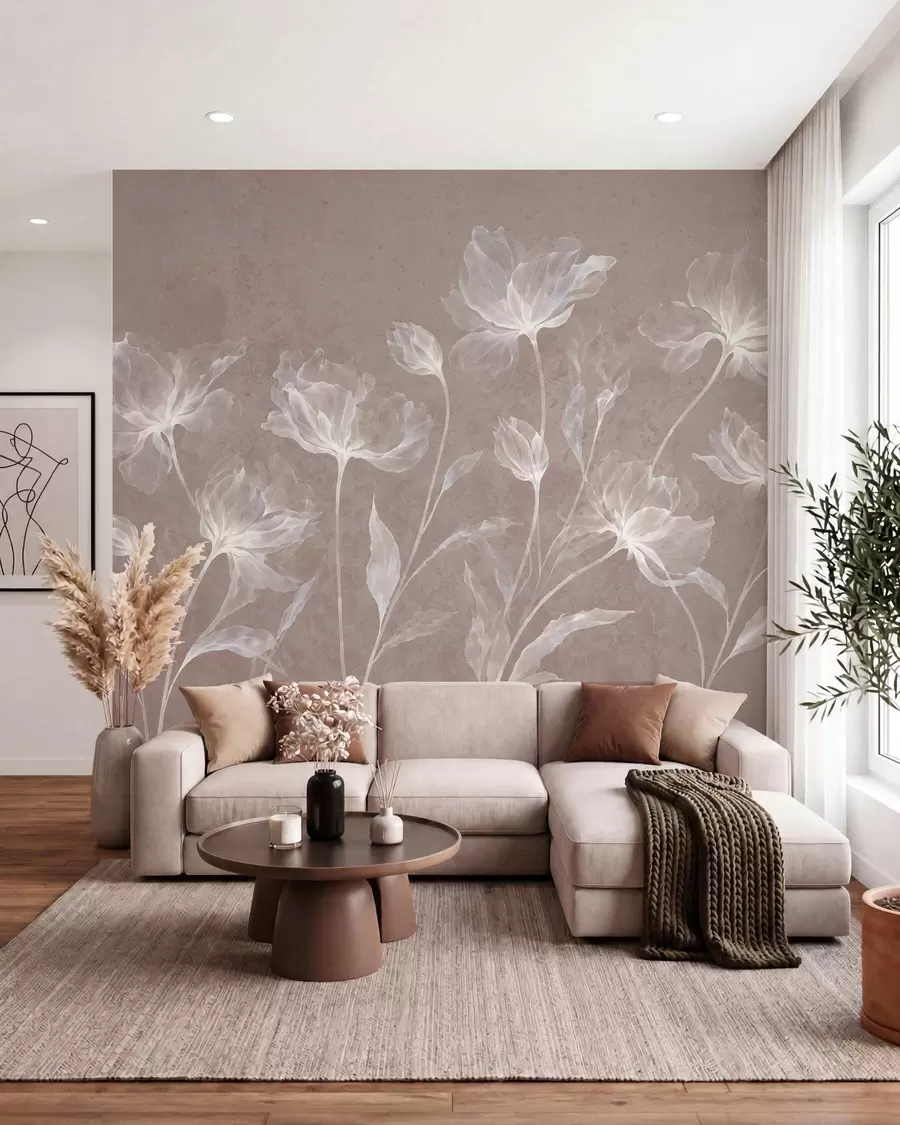 fototapeter Elegante, luftige blomster med gjennomsiktige, lagdelte kronblader på lange, delikate stilker w05579v3