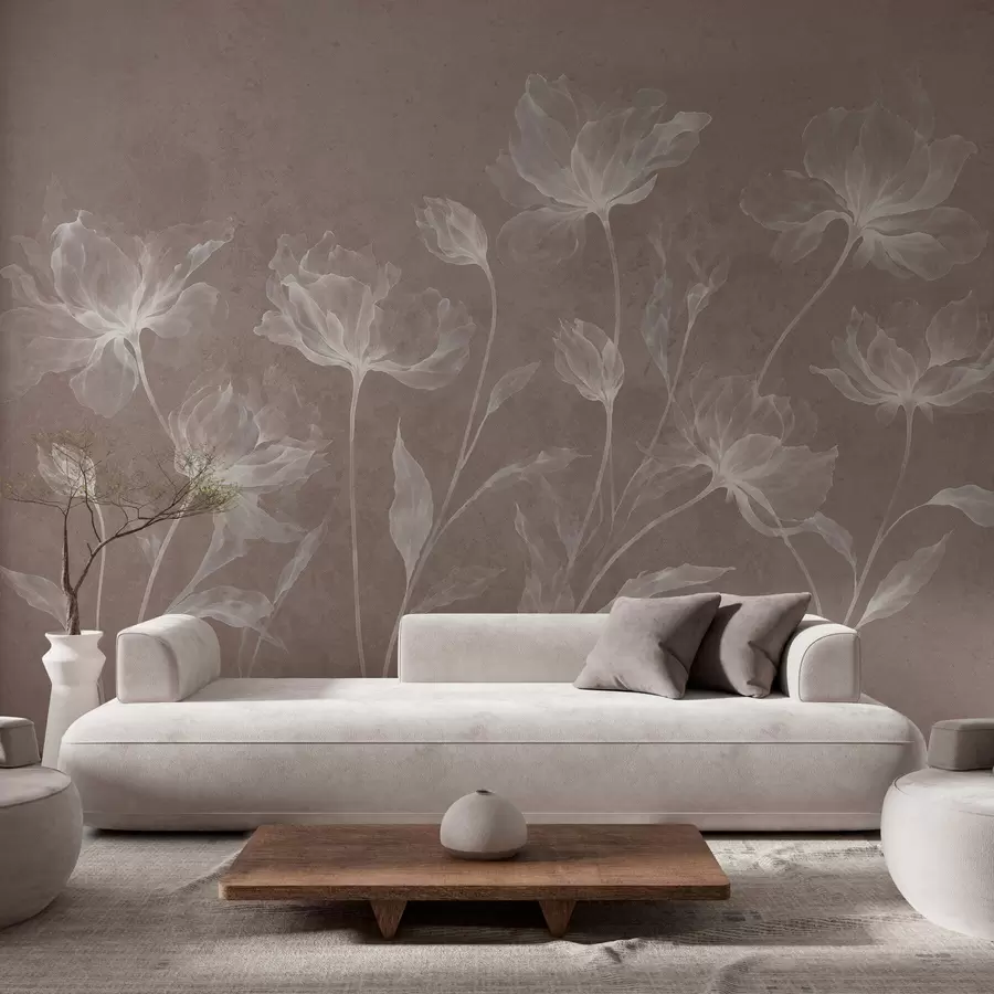 fototapeter Elegante, luftige blomster med gjennomsiktige, lagdelte kronblader på lange, delikate stilker w05579v3