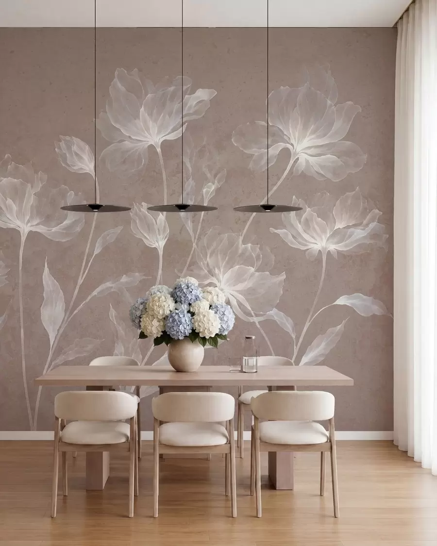 fototapeter Elegante, luftige blomster med gjennomsiktige, lagdelte kronblader på lange, delikate stilker w05579v3