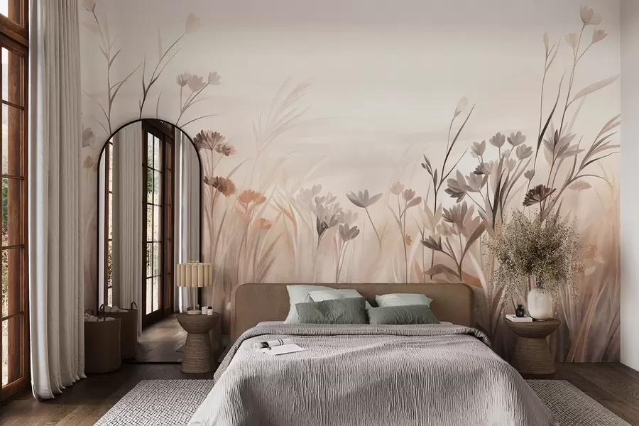 fototapeter Et felt med villblomster i dempede brune og beige nyanser, med høyt gress og delikate blomster w09872