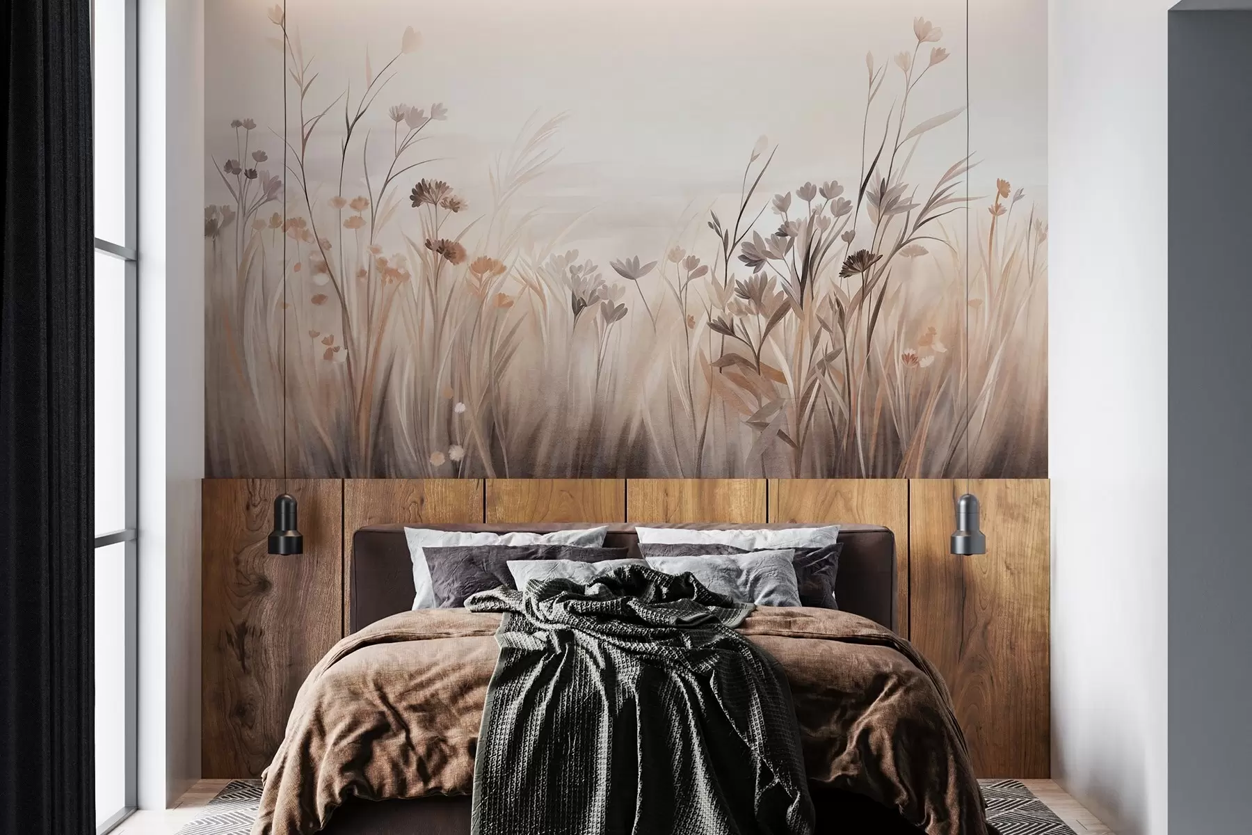 fototapeter Et felt med villblomster i dempede brune og beige nyanser, med høyt gress og delikate blomster w09872