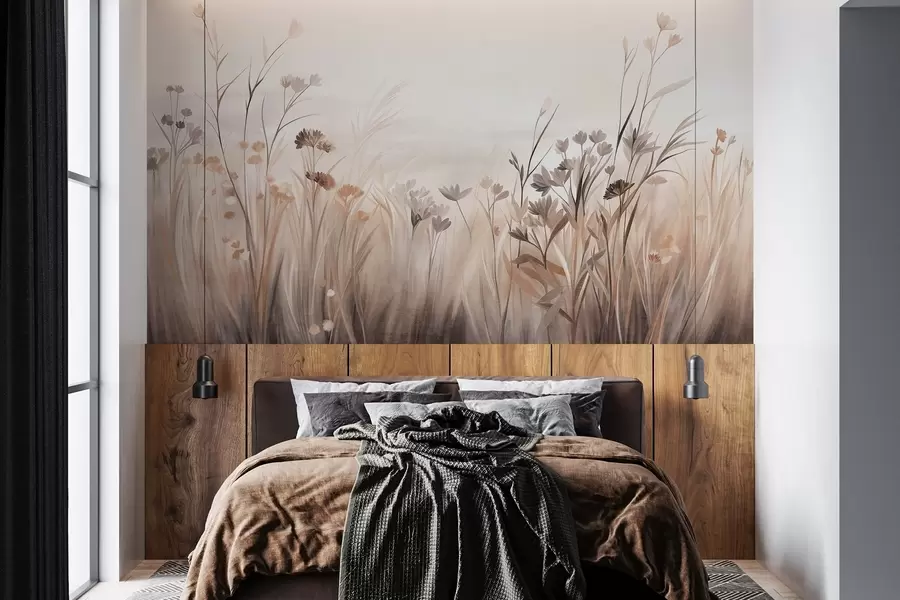 fototapeter Et felt med villblomster i dempede brune og beige nyanser, med høyt gress og delikate blomster w09872