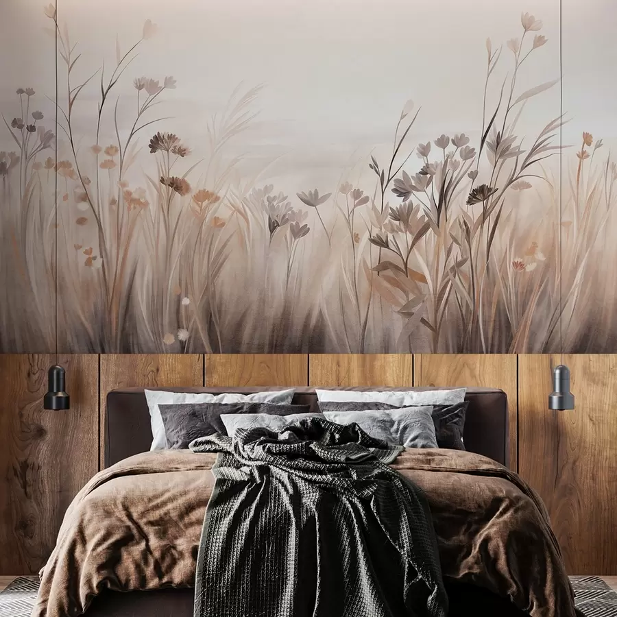 fototapeter Et felt med villblomster i dempede brune og beige nyanser, med høyt gress og delikate blomster w09872