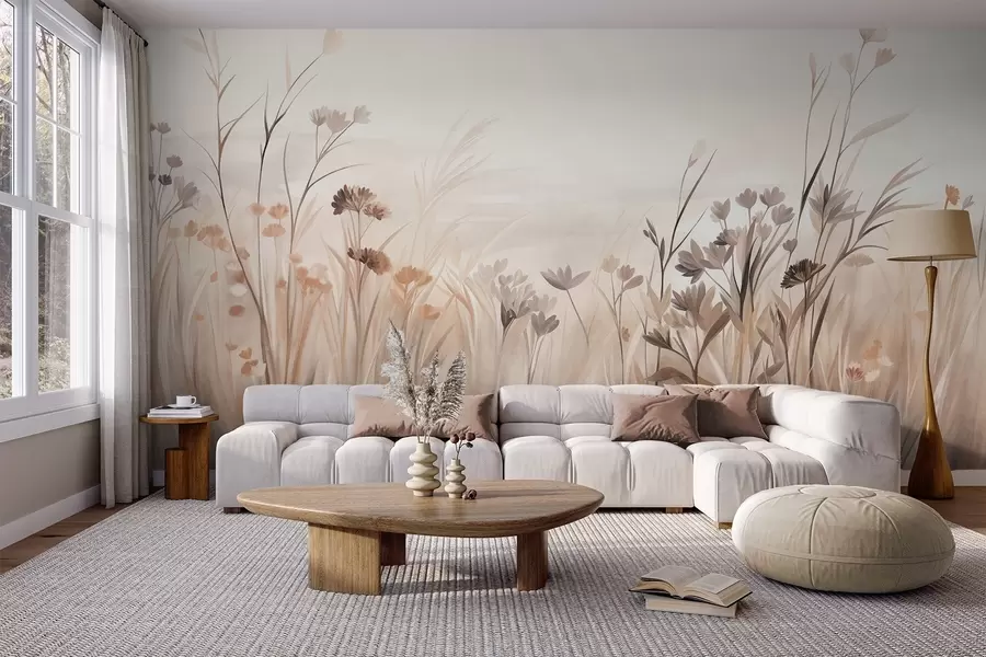 fototapeter Et felt med villblomster i dempede brune og beige nyanser, med høyt gress og delikate blomster w09872